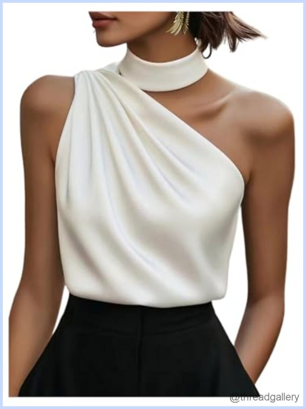Satin One Shoulder Halter Tank Top Sleeveless High Neck